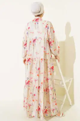 Menekşe Ebruli Desenli Elbise Yeşil - Tesettür Elbise