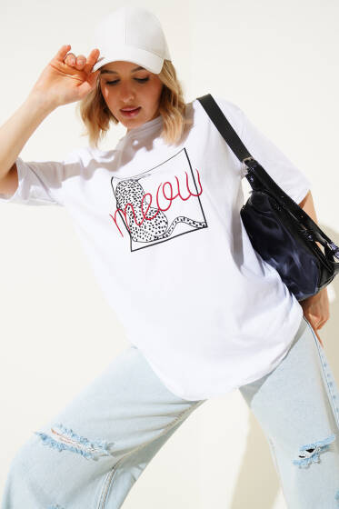 Meow Baskılı T-shirt Beyaz - Kadın Giyim Modelleri