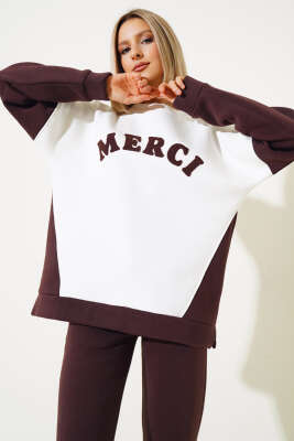Merci Nakışlı Üç İplik Sweatshirt İkili Takım Kahve - Kadın Giyim Modelleri