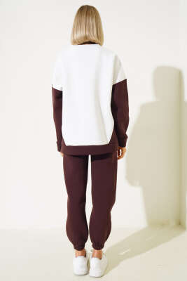 Merci Nakışlı Üç İplik Sweatshirt İkili Takım Kahve - Kadın Giyim Modelleri