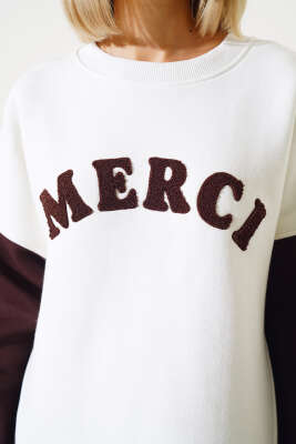 Merci Nakışlı Üç İplik Sweatshirt İkili Takım Kahve - Kadın Giyim Modelleri