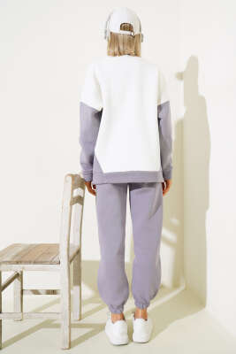 Merci Nakışlı Üç İplik Sweatshirt İkili Takım Lila - Kadın Giyim Modelleri