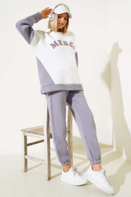 Merci Nakışlı Üç İplik Sweatshirt İkili Takım Lila - Kadın Giyim Modelleri