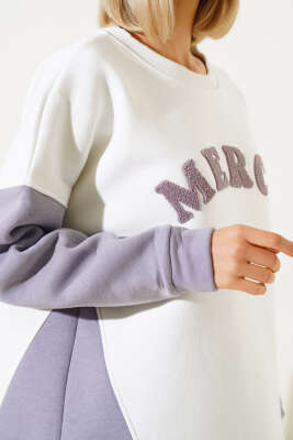 Merci Nakışlı Üç İplik Sweatshirt İkili Takım Lila - Kadın Giyim Modelleri