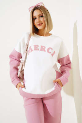Merci Nakışlı Üç İplik Sweatshirt İkili Takım Pembe - Kadın Giyim Modelleri