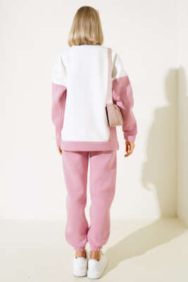 Merci Nakışlı Üç İplik Sweatshirt İkili Takım Pembe - Kadın Giyim Modelleri