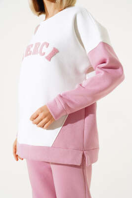 Merci Nakışlı Üç İplik Sweatshirt İkili Takım Pembe - Kadın Giyim Modelleri