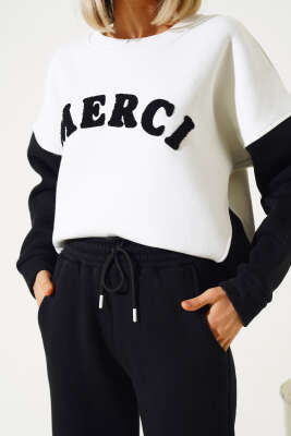 Merci Nakışlı Üç İplik Sweatshirt İkili Takım Siyah - Kadın Giyim Modelleri