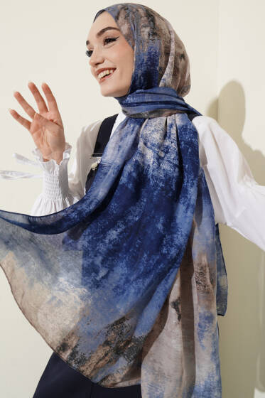 Mermer Desenli Modern Şal Mavi - Başörtüsü