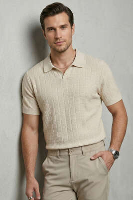 Merserize Açık Polo Yaka Erkek T-shirt Bej - WİPEOUT