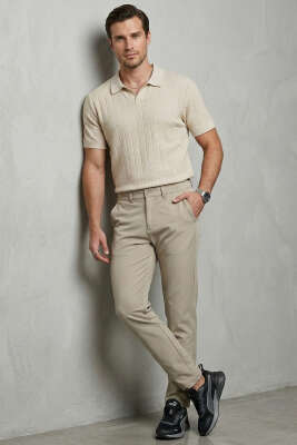 Merserize Açık Polo Yaka Erkek T-shirt Bej - Erkek T-shirt