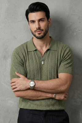 Merserize Açık Polo Yaka Erkek T-shirt Haki - WİPEOUT