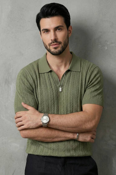 Merserize Açık Polo Yaka Erkek T-shirt Haki - Yılın Fırsatı