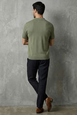 Merserize Açık Polo Yaka Erkek T-shirt Haki - Yılın Fırsatı