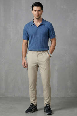 Merserize Açık Polo Yaka Erkek T-shirt İndigo - Erkek T-shirt