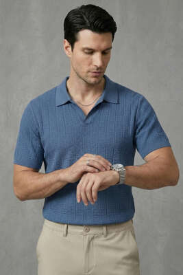 Merserize Açık Polo Yaka Erkek T-shirt İndigo 