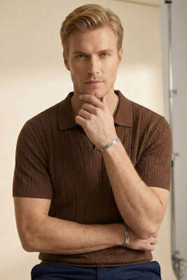 Merserize Açık Polo Yaka Erkek T-shirt Kahve 