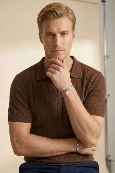 Merserize Açık Polo Yaka Erkek T-shirt Kahve - Yılın Fırsatı