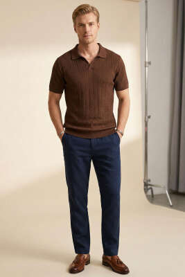 Merserize Açık Polo Yaka Erkek T-shirt Kahve - Yılın Fırsatı