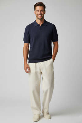 Merserize Açık Polo Yaka Erkek T-shirt Koyu Lacivert - Erkek T-shirt