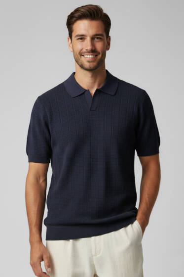 Merserize Açık Polo Yaka Erkek T-shirt Koyu Lacivert - Yılın Fırsatı