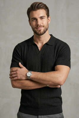 Merserize Açık Polo Yaka Erkek T-shirt Siyah - WİPEOUT