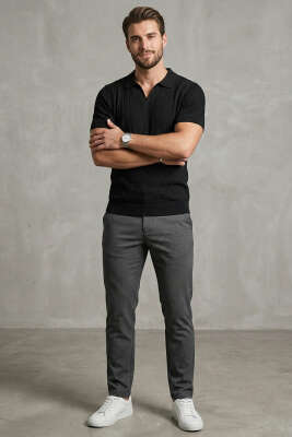 Merserize Açık Polo Yaka Erkek T-shirt Siyah - Yılın Fırsatı