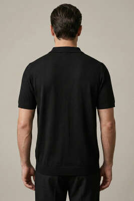 Merserize Açık Polo Yaka Erkek T-shirt Siyah - Yılın Fırsatı