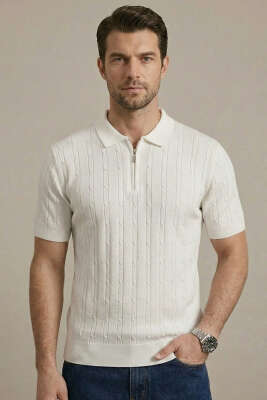 Merserize Fermuarlı Erkek T-shirt Beyaz 