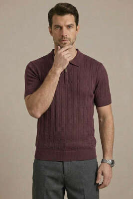 Merserize Fermuarlı Erkek T-shirt Bordo 