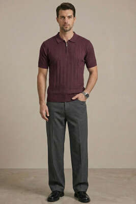 Merserize Fermuarlı Erkek T-shirt Bordo - Erkek T-shirt