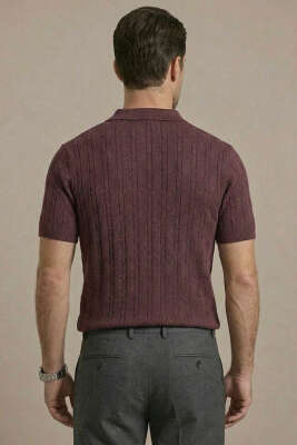 Merserize Fermuarlı Erkek T-shirt Bordo - Erkek T-shirt