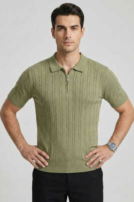 Merserize Fermuarlı Erkek T-shirt Haki 