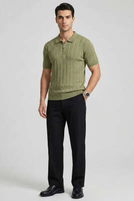 Merserize Fermuarlı Erkek T-shirt Haki - Erkek T-shirt