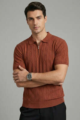 Merserize Fermuarlı Erkek T-shirt Kiremit 