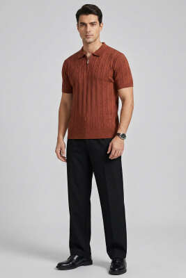 Merserize Fermuarlı Erkek T-shirt Kiremit - Erkek T-shirt