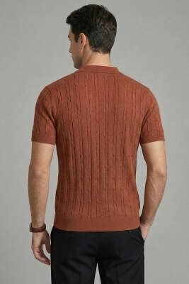 Merserize Fermuarlı Erkek T-shirt Kiremit - Erkek T-shirt