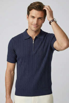 Merserize Fermuarlı Erkek T-shirt Lacivert - Erkek T-shirt