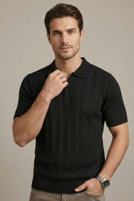 Merserize Fermuarlı Erkek T-shirt Siyah 