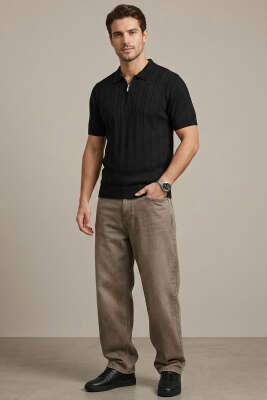 Merserize Fermuarlı Erkek T-shirt Siyah - Erkek T-shirt