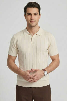 Merserize Önü Düğmeli Erkek T-shirt Bej 