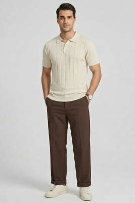 Merserize Önü Düğmeli Erkek T-shirt Bej - Erkek T-shirt