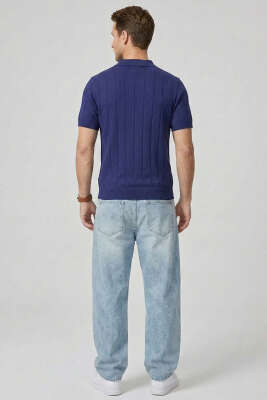 Merserize Önü Düğmeli Erkek T-shirt Lacivert - Erkek T-shirt