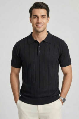 Merserize Önü Düğmeli Erkek T-shirt Siyah 