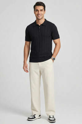 Merserize Önü Düğmeli Erkek T-shirt Siyah - Erkek T-shirt