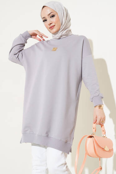 Metal Aksesuarlı Salaş Tunik Gri - Tunik