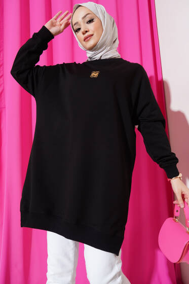 Metal Aksesuarlı Salaş Tunik Siyah - Tunik