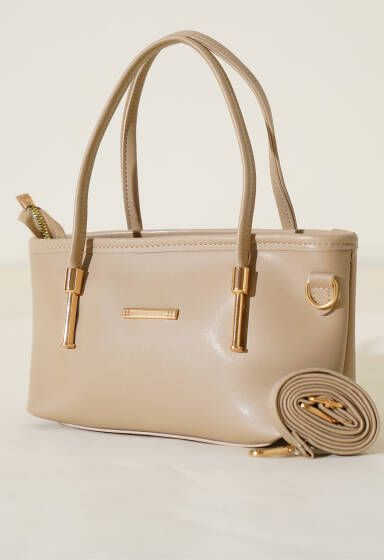 Metal Arma Detaylı El Çantası Bej - Kol Çantası