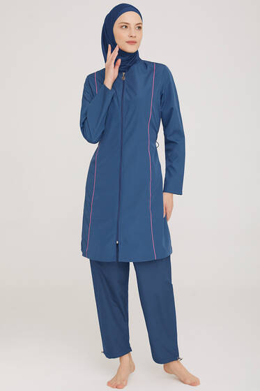 Metal Armalı Fermuarlı Tesettür Mayo Açık Lacivert - Tesettür Mayo