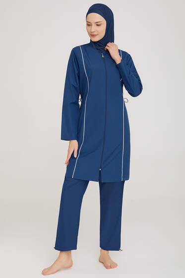 Metal Armalı Fermuarlı Tesettür Mayo Koyu Lacivert - Tesettür Mayo